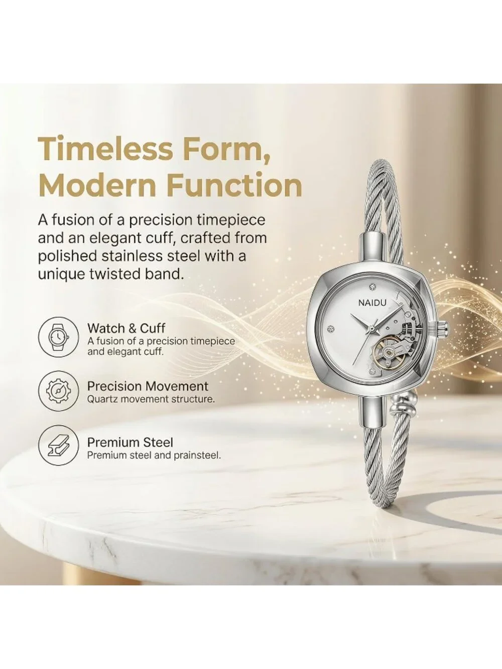 Women's Silver White Crystal Accent Cable Wire Bangle Square Sunray Dial Watches